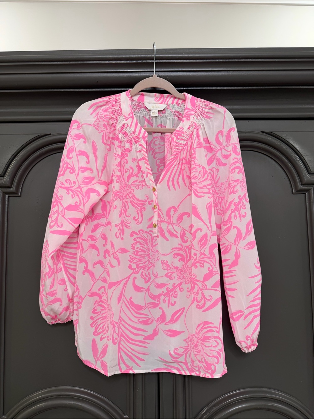Lilly Pulitzer Silk Pink & White Floral Smocked Neck Blouse